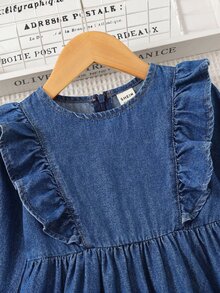 SHEIN 少女女孩抓皺休閒童裝日常夏季牛仔洋裝 - 藍色 - 查看 5