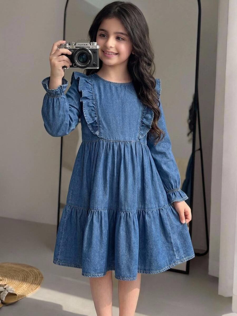 SHEIN 少女女孩抓皺休閒童裝日常夏季牛仔洋裝 - 藍色 - 查看 1