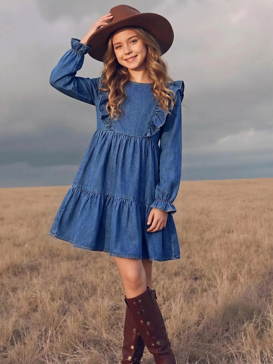 SHEIN Tween Girl Ruched Casual Kids Everyday Summer Denim Dress - Blue - View 1