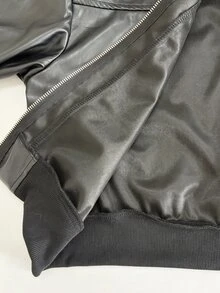 Casuvi Kids Tween Girls Vintage Motorcycle Style Black Jacket, Shiny PU Leather Fabric, Structured Fit, Stand Collar With Single Metal Snap Button, Silver Long Zipper, Front Panel Split Stitching Design, Ribbed Hem And Cuffs, Dropped Shoulder Loose Fit, Clean Back Without Extra Decoration, Suitable For Daily Outings, School, Spring And Autumn - Black - View 3