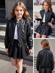 Casuvi Kids Tween Girls Vintage Motorcycle Style Black Jacket, Shiny PU Leather Fabric, Structured Fit, Stand Collar With Single Metal Snap Button, Silver Long Zipper, Front Panel Split Stitching Design, Ribbed Hem And Cuffs, Dropped Shoulder Loose Fit, Clean Back Without Extra Decoration, Suitable For Daily Outings, School, Spring And Autumn - Black - View 1