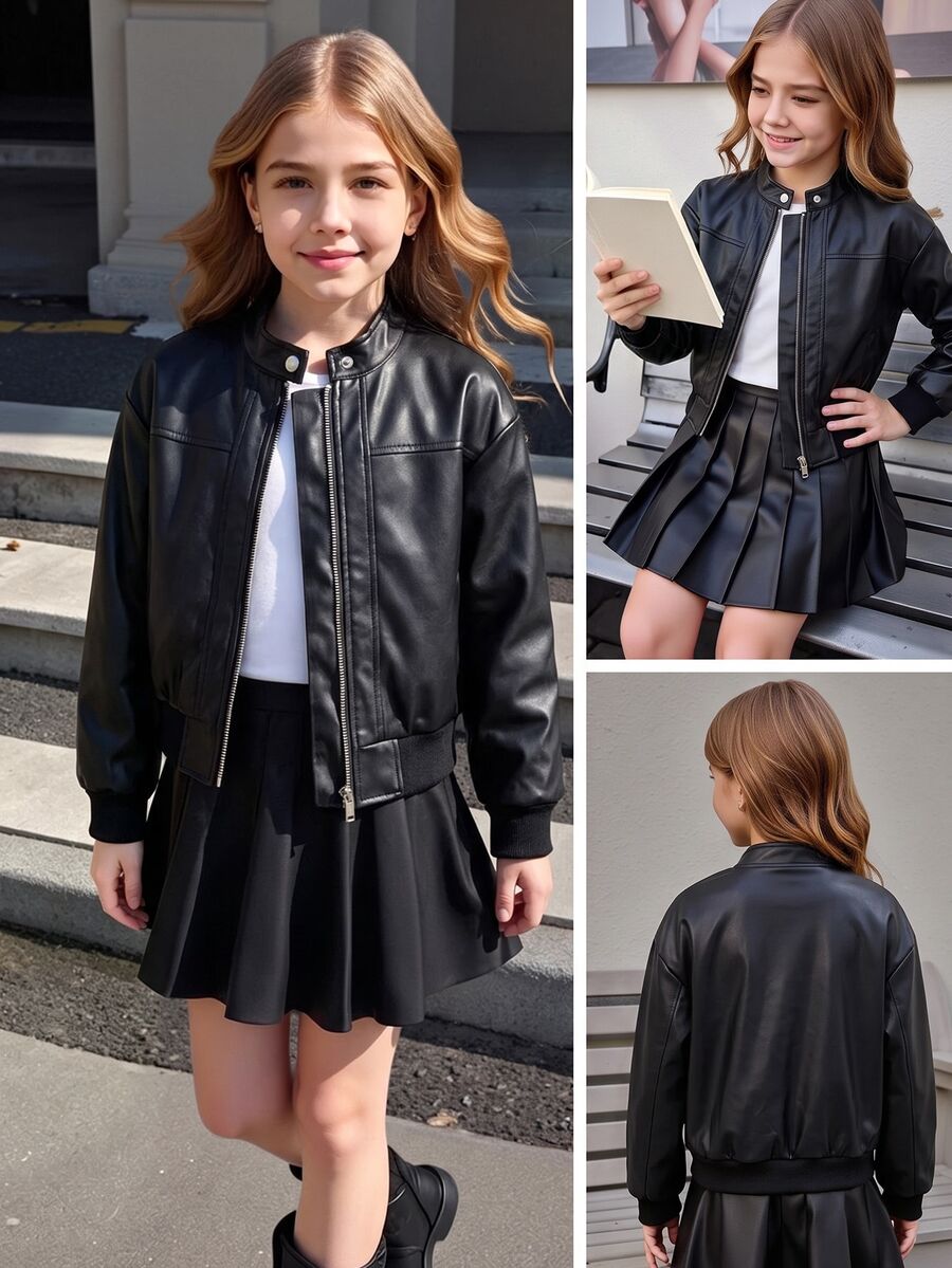 Casuvi Kids Tween Girls Vintage Motorcycle Style Black Jacket, Shiny PU Leather Fabric, Structured Fit, Stand Collar With Single Metal Snap Button, Silver Long Zipper, Front Panel Split Stitching Design, Ribbed Hem And Cuffs, Dropped Shoulder Loose Fit, Clean Back Without Extra Decoration, Suitable For Daily Outings, School, Spring And Autumn - Black - View 1