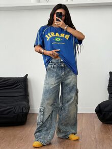 Coolane 女士街头风 Y2K 酷炫活动字母印花撞色短袖黑色 T 恤 - 寶藍色 - 查看 2