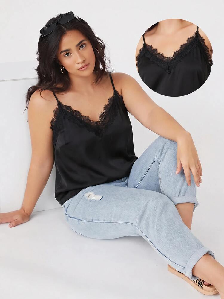 EMERY ROSE Plus Size Summer Elegant Sexy Lace Patchwork Cami Night Birthday Cocktail Black - Black - View 1