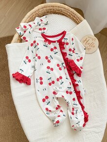 1件新生兒連身衣居家服杏色底可愛紅色櫻桃滿版印花，對比紅荷葉邊飾氛圍感十足，長袖連腳長褲爬行服附配套髮帶，超級可愛風格，柔軟舒適，新生兒最佳禮物 - 紅色 - 查看 3