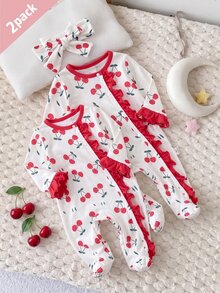 1件新生兒連身衣居家服杏色底可愛紅色櫻桃滿版印花，對比紅荷葉邊飾氛圍感十足，長袖連腳長褲爬行服附配套髮帶，超級可愛風格，柔軟舒適，新生兒最佳禮物 - 紅色 - 查看 7