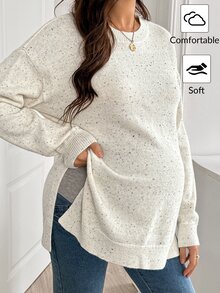 SHEIN 孕婦圓領落肩長袖側開衩下擺針織衫 秋冬休閒款 - 彩色 - 查看 1
