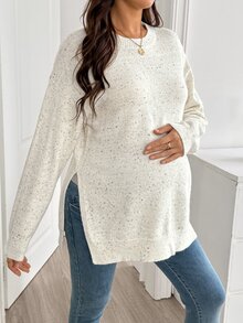 SHEIN 孕婦圓領落肩長袖側開衩下擺針織衫 秋冬休閒款 - 彩色 - 查看 4