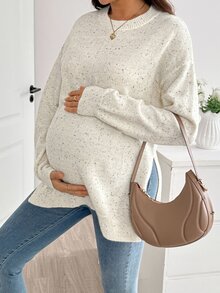 SHEIN 孕婦圓領落肩長袖側開衩下擺針織衫 秋冬休閒款 - 彩色 - 查看 3