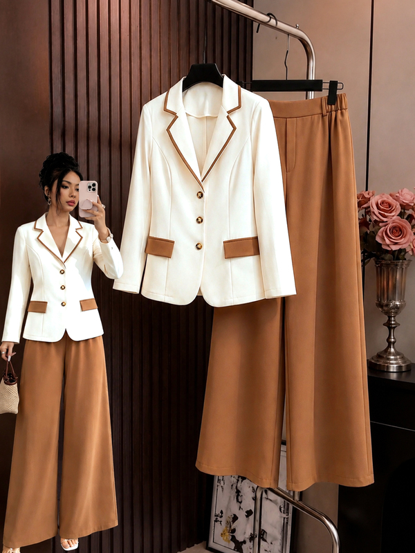 GlowEve CURVE Ensemble 2 pièces pour femmes grandes tailles, blazer mode avec bordure contrastée, col à revers, taille cintrée, veste à manches longues à simple boutonnage et pantalon droit long de couleur unie, convient pour l'automne/hiver, toutes saisons, décontracté, trajets, réunions d'affaires