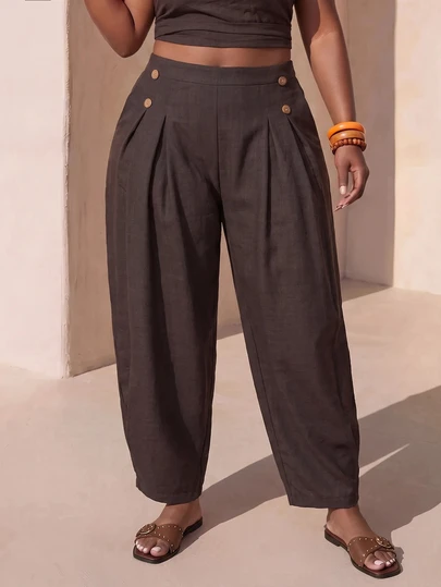 Zivah 2026 Spring/Summer Women's Plus Size New Bold, Classy Feminine Style Tummy Control Fit Breathable Lightweight Elegant Romantic Classic Brown Button Tapered Pants