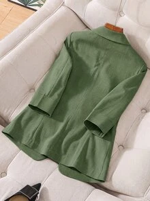 SHEIN 3/4袖翻領收腰亞麻混紡通勤辦公商務夾克外套 橄欖綠 夏季休閒 教師節 - 軍綠色 - 查看 2