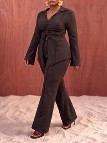 Zivah Plus Size Women Chocolate Brown Autumn Elegant 2 Pieces Set, Collared Tie-Front Flare Sleeve Cardigan & Elastic Waist Wide Leg Pants Suit Set Fall - Chocolate Brown - View 3