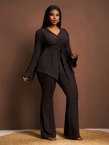 Zivah Plus Size Women Chocolate Brown Autumn Elegant 2 Pieces Set, Collared Tie-Front Flare Sleeve Cardigan & Elastic Waist Wide Leg Pants Suit Set Fall - Chocolate Brown - View 8