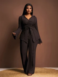 Zivah Plus Size Women Chocolate Brown Autumn Elegant 2 Pieces Set, Collared Tie-Front Flare Sleeve Cardigan & Elastic Waist Wide Leg Pants Suit Set Fall - Chocolate Brown - View 7