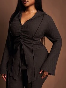 Zivah Plus Size Women Chocolate Brown Autumn Elegant 2 Pieces Set, Collared Tie-Front Flare Sleeve Cardigan & Elastic Waist Wide Leg Pants Suit Set Fall - Chocolate Brown - View 10