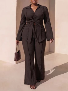 Zivah Plus Size Women Chocolate Brown Autumn Elegant 2 Pieces Set, Collared Tie-Front Flare Sleeve Cardigan & Elastic Waist Wide Leg Pants Suit Set Fall - Chocolate Brown - View 2