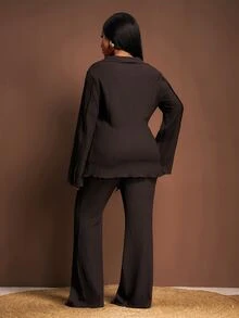Zivah Plus Size Women Chocolate Brown Autumn Elegant 2 Pieces Set, Collared Tie-Front Flare Sleeve Cardigan & Elastic Waist Wide Leg Pants Suit Set Fall - Chocolate Brown - View 5