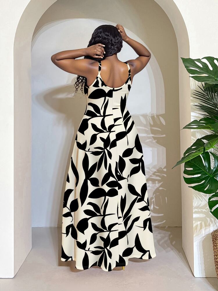 Zivah Plus Size Vacation Colorblock Leaf Print Casual Sleeveless Dress,Flowy Dress Suitable For Going Out Vacation Chic Dress Beige Summer - Black and White - View 4