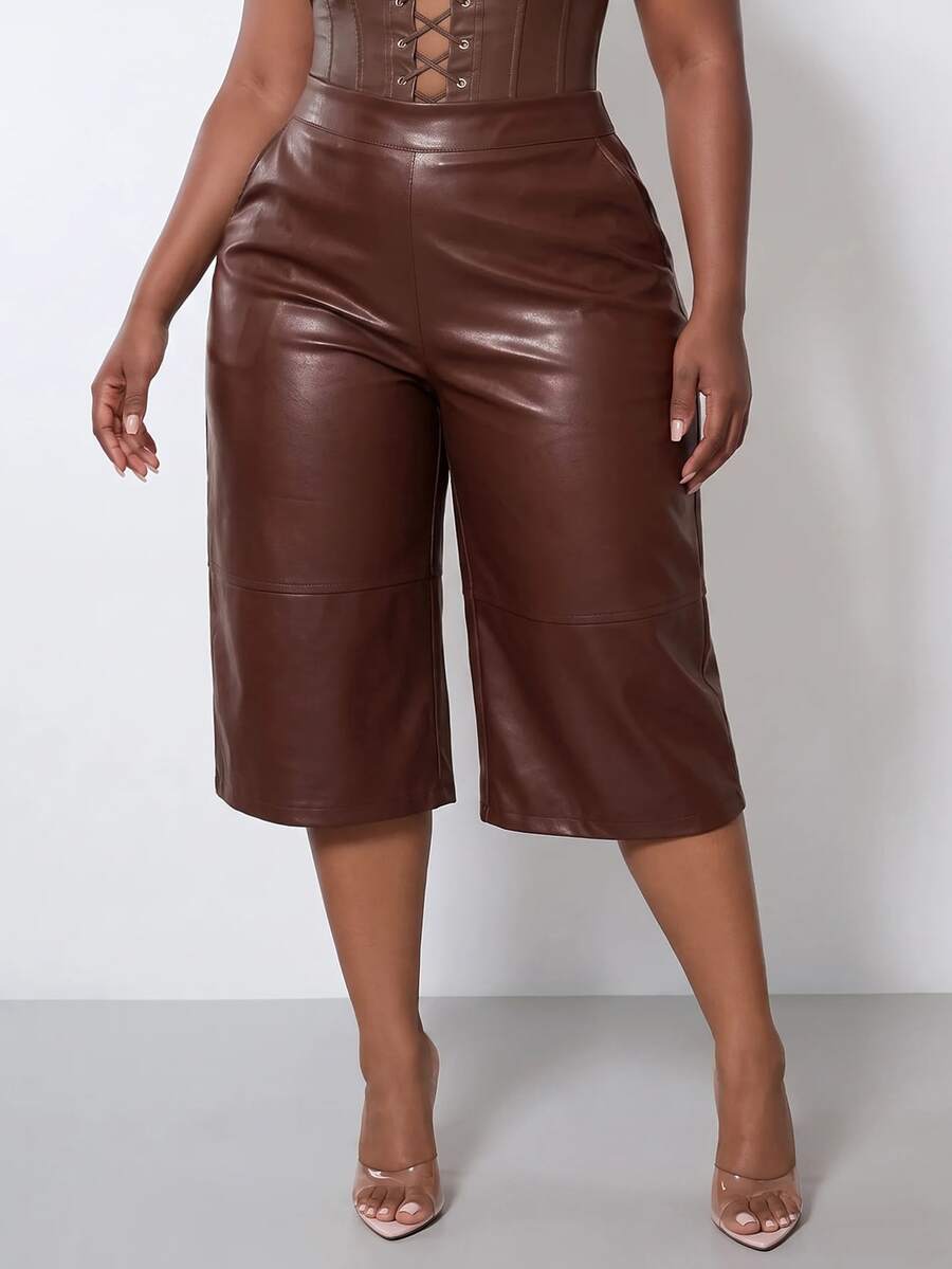 Zivah Plus Size Women's PU Leather Pocket Casual Versatile Daily Outing Shorts - Brown - View 1