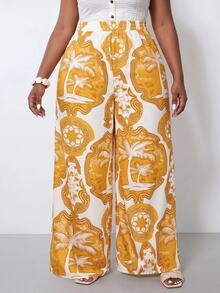 Zivah 春夏新品 度假休閒日常穿著 海灘營火派對 寬鬆大尺碼女款長褲 多彩印花白色 - 黃色 - 查看 2