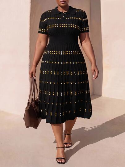 Zivah Plus Size Women's Black And Gold Elegant Autumn Office Knit Polo Collar A-Line Sweater Dress,Versatile Midi Dress For Party,Wedding Guest & Commute