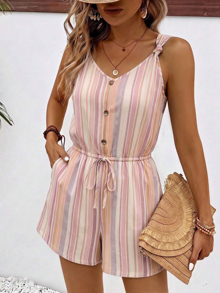 SHEIN Frenchy 女款條紋拼色休閒日常穿搭連身褲 - 彩色 - 查看 1