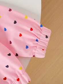SHEIN 幼女返校秋季夾克，彩色愛心印花拉鍊連帽外套，長袖休閒外衣，適合秋季日常穿搭 - 粉色 - 查看 9