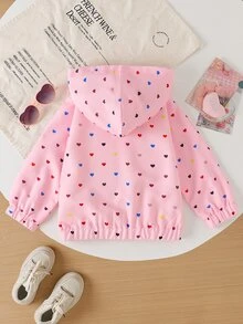 SHEIN 幼女返校秋季夾克，彩色愛心印花拉鍊連帽外套，長袖休閒外衣，適合秋季日常穿搭 - 粉色 - 查看 2