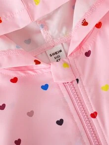 SHEIN 幼女返校秋季夾克，彩色愛心印花拉鍊連帽外套，長袖休閒外衣，適合秋季日常穿搭 - 粉色 - 查看 8