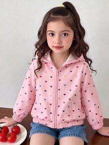 SHEIN 幼女返校秋季夾克，彩色愛心印花拉鍊連帽外套，長袖休閒外衣，適合秋季日常穿搭 - 粉色 - 查看 10