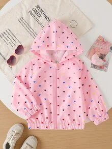 SHEIN 幼女返校秋季夾克，彩色愛心印花拉鍊連帽外套，長袖休閒外衣，適合秋季日常穿搭 - 粉色 - 查看 3