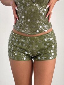 Aloruh Women's Spring/Summer Sequin Shorts Glamorous Disco Sexy Party Night Low Waist Shorts Bohemian Fall For Women Olive Green - Olive Green - View 6