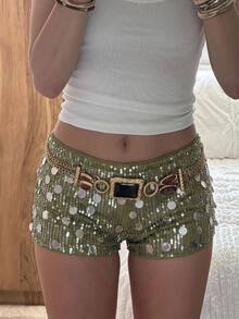 Aloruh Women's Spring/Summer Sequin Shorts Glamorous Disco Sexy Party Night Low Waist Shorts Bohemian Fall For Women Olive Green - Olive Green - View 7