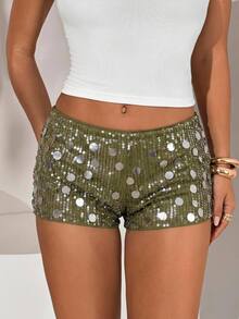 Aloruh Women's Spring/Summer Sequin Shorts Glamorous Disco Sexy Party Night Low Waist Shorts Bohemian Fall For Women Olive Green - Olive Green - View 4
