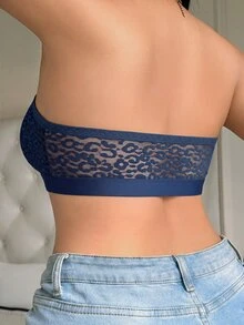 SHEIN 1pc Front Closure Leopard Print Lace Bandeau Bra With Anti-Slip Grip, Plus Size Women's - Navy Blue - View 2