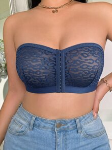 SHEIN 1pc Front Closure Leopard Print Lace Bandeau Bra With Anti-Slip Grip, Plus Size Women's - Navy Blue - View 5