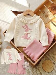 SHEIN Baby Girl Cartoon Pattern Long Sleeve Top And Pants Knit Set Pullover - Multicolor - View 6