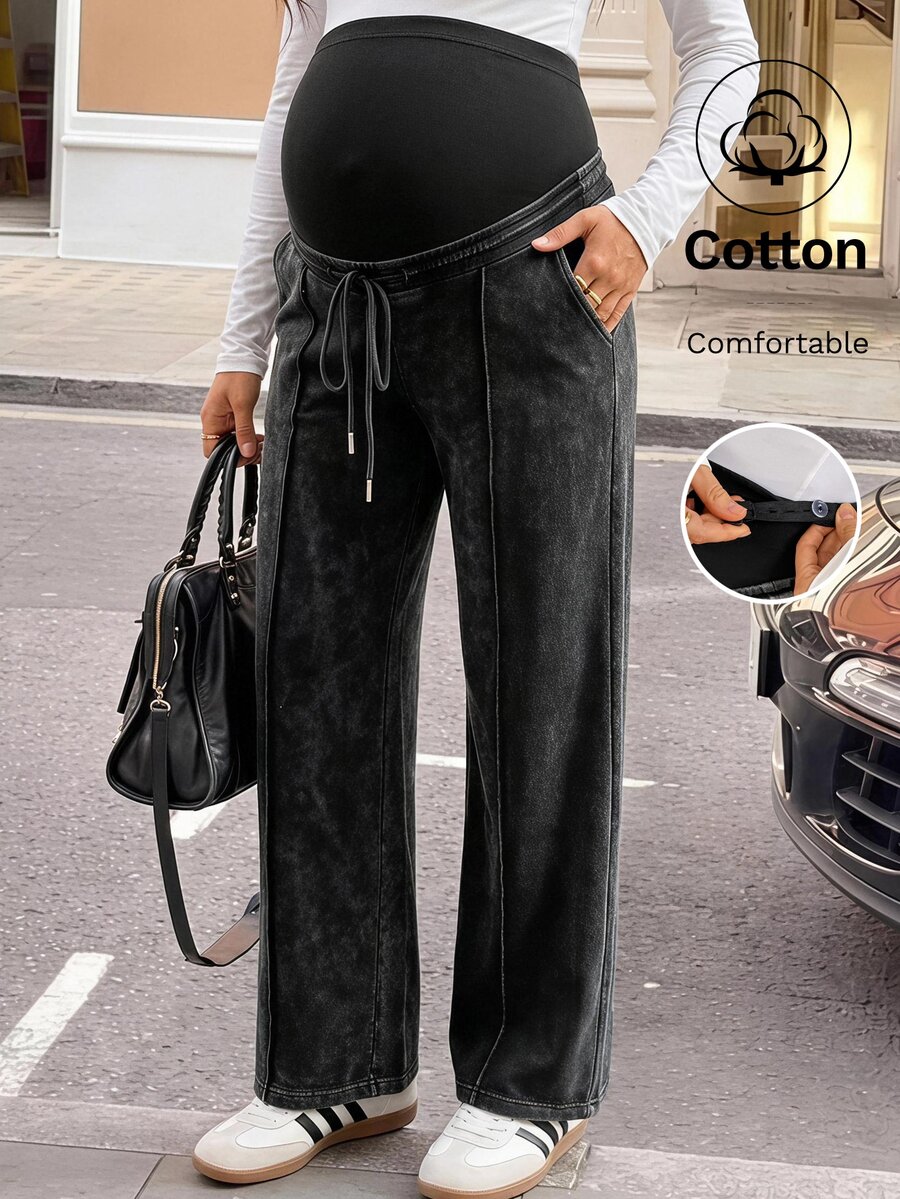 SHEIN Maternity Casual Washed High Waist Sweatpants Fall/Winter Casual - Black - View 1