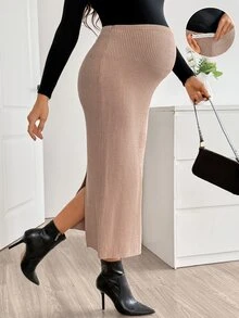 SHEIN Maternity Adjustable Waist Back Slit Knit Skirt Winter Fall/Winter - Khaki - View 8