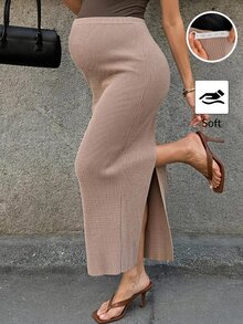 SHEIN Maternity Adjustable Waist Back Slit Knit Skirt Winter Fall/Winter - Khaki - View 1