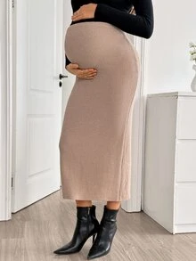 SHEIN Maternity Adjustable Waist Back Slit Knit Skirt Winter Fall/Winter - Khaki - View 4