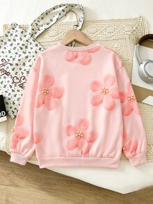 SHEIN 少女可愛粉色圓領抓絨內裡運動衫，3D毛絨珍珠花數位印花，針織寬鬆款，秋冬穿搭，開學季 - 彩色 - 查看 4