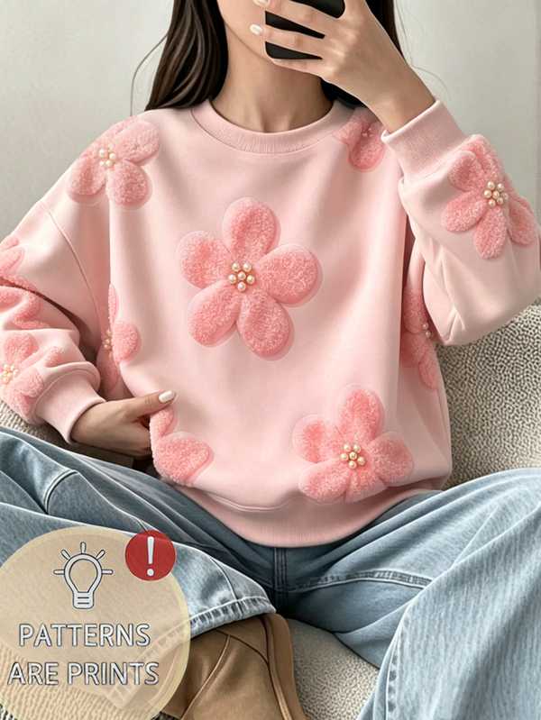 Sparklyn Tween Girls Cute Pink Crew Neck Fleece-Lined Sweatshirt, 3D Plush Pearl Flower Digital Print, Knit, Loose,Autumn/Winter Outfit,Back To School
