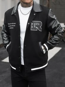 Manfinity CasualCool Men's Solid Colour Patchwork Front Button Long Sleeve Letter Print Casual Baseball Jacket,Teamjacket - Black - View 3