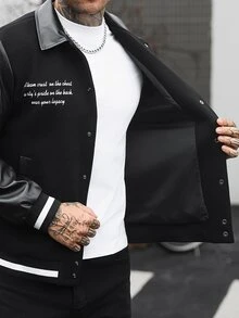 Manfinity CasualCool Men's Solid Colour Patchwork Front Button Long Sleeve Letter Print Casual Baseball Jacket,Teamjacket - Black - View 4