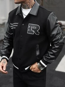Manfinity CasualCool Men's Solid Colour Patchwork Front Button Long Sleeve Letter Print Casual Baseball Jacket,Teamjacket - Black - View 7