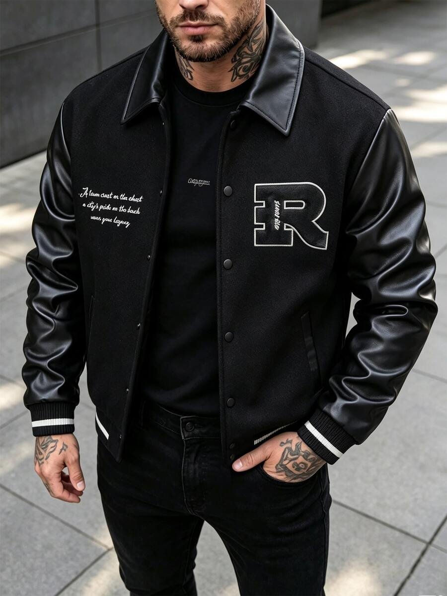 Manfinity CasualCool Men's Solid Colour Patchwork Front Button Long Sleeve Letter Print Casual Baseball Jacket,Teamjacket - Black - View 1