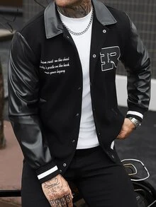 Manfinity CasualCool Men's Solid Colour Patchwork Front Button Long Sleeve Letter Print Casual Baseball Jacket,Teamjacket - Black - View 6