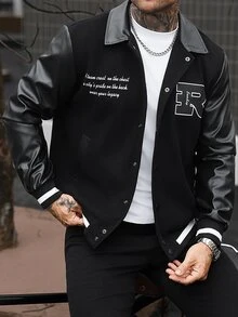 Manfinity CasualCool Men's Solid Colour Patchwork Front Button Long Sleeve Letter Print Casual Baseball Jacket,Teamjacket - Black - View 8